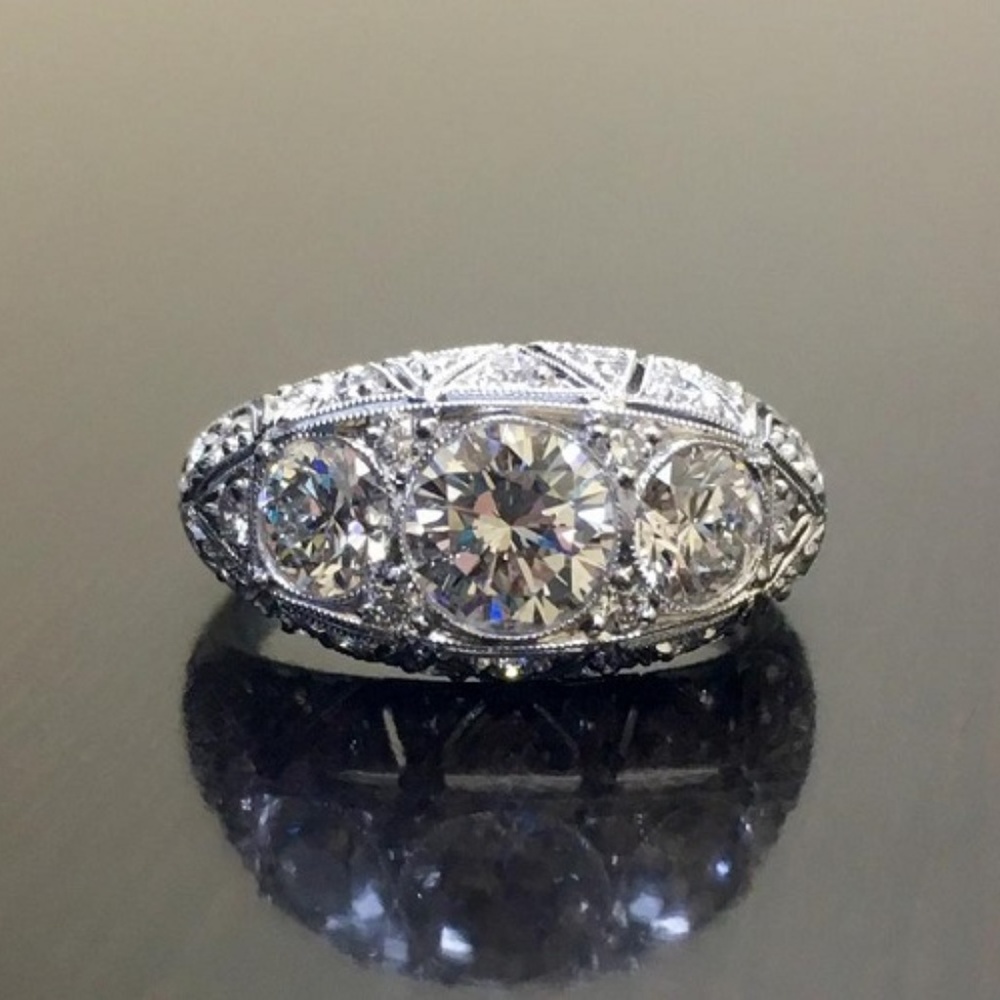 2Ct Moissanite 3 Stone Art Deco Ring